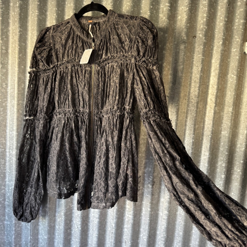 NWT Free People Grey Floral Lace Peplum Zip Up Jacket Puff Sleeve Boho Small NEW - Picture 7 of 15